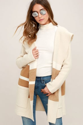 Carlsbad Tan and Beige Hooded Cardigan Sweater 1