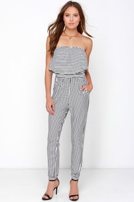 Chic Black and Ivory Striped Jumpsuit - Strapless Jumpsuit - Knit