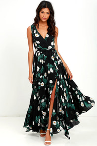 Lovely Black Floral Print Dress - Maxi Dress - Long Sleeve Dress ...