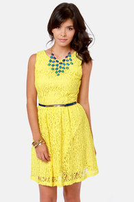 Pretty Yellow Dress - Lace Dress - Belted Dress - $59.00