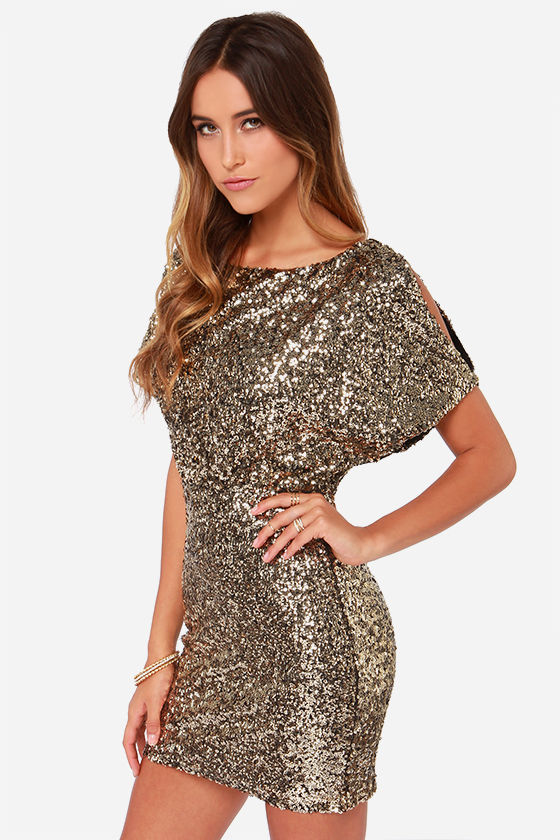 Gold Sequin Dress - Short Sleeve Dress - Gold Dress - $95.00