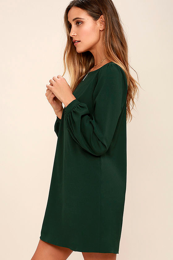 Cute Green Dress - Shift Dress - Long Sleeve Dress - $38.00