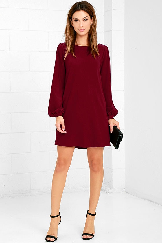 Cute Burgundy Dress - Shift Dress - Long Sleeve Dress - $38.00