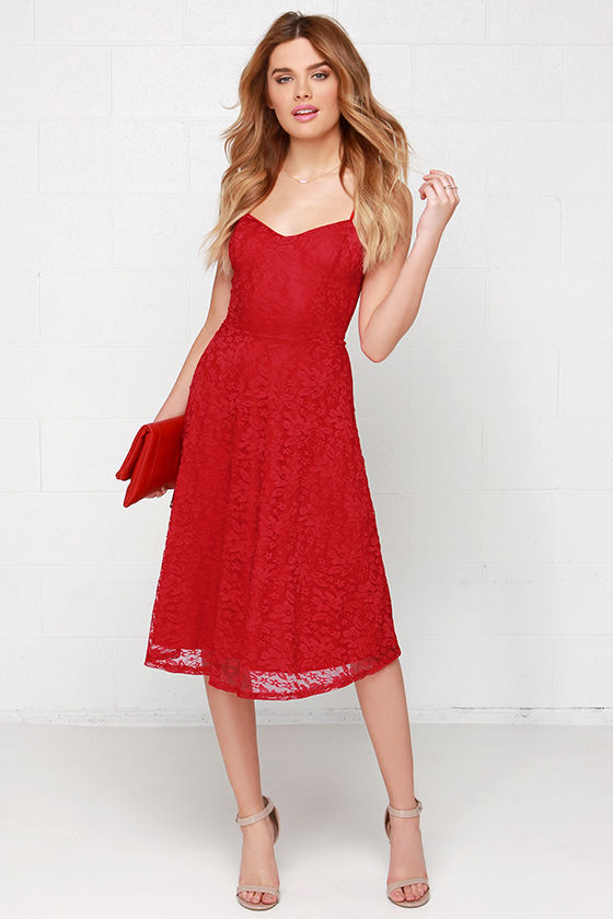 Pretty Red Dress - Midi Dress - Lace Dress - $41.00