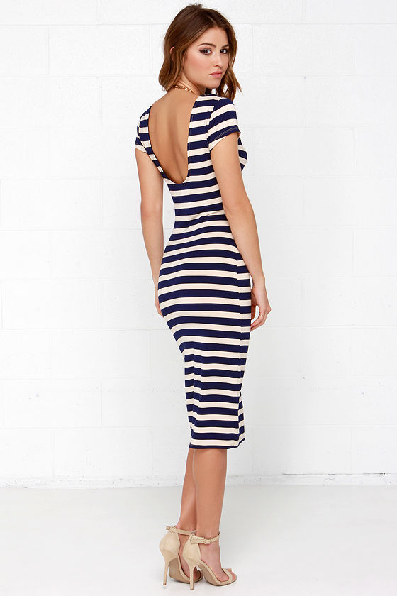 Chic Beige and Navy Blue Dress - Striped Dress - Midi Dress ...