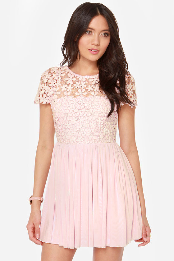 Cute Pink Dress - Lace Dress - Short Sleeve Dress - $49.00