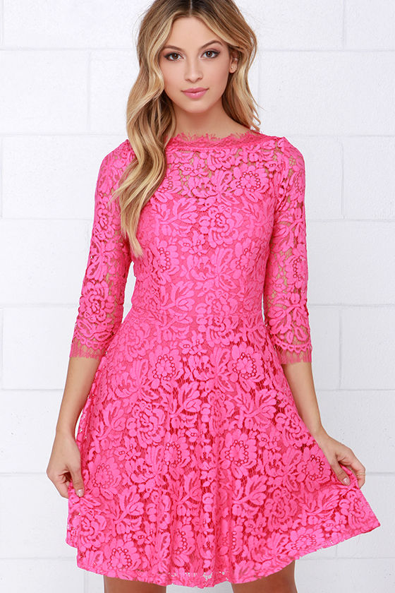 Beautiful Lace Dress - Pink Dress - Skater Dress - $64.00