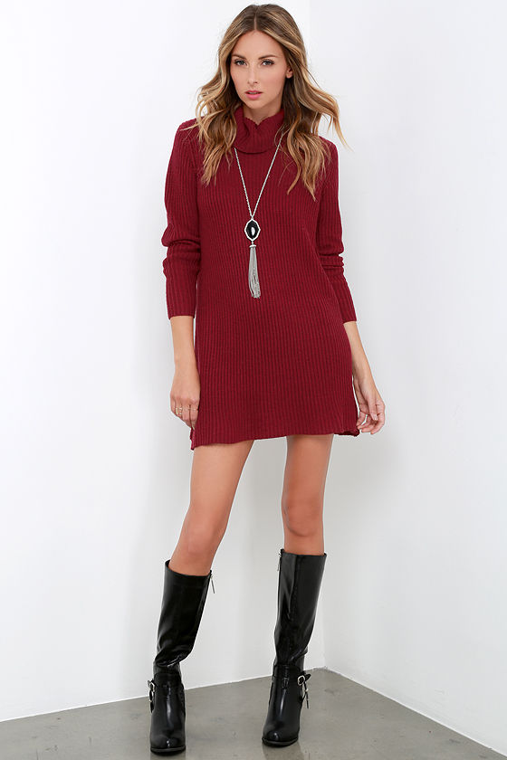 Cute Wine Red Dress - Knit Dress - Sweater Dress - $61.00