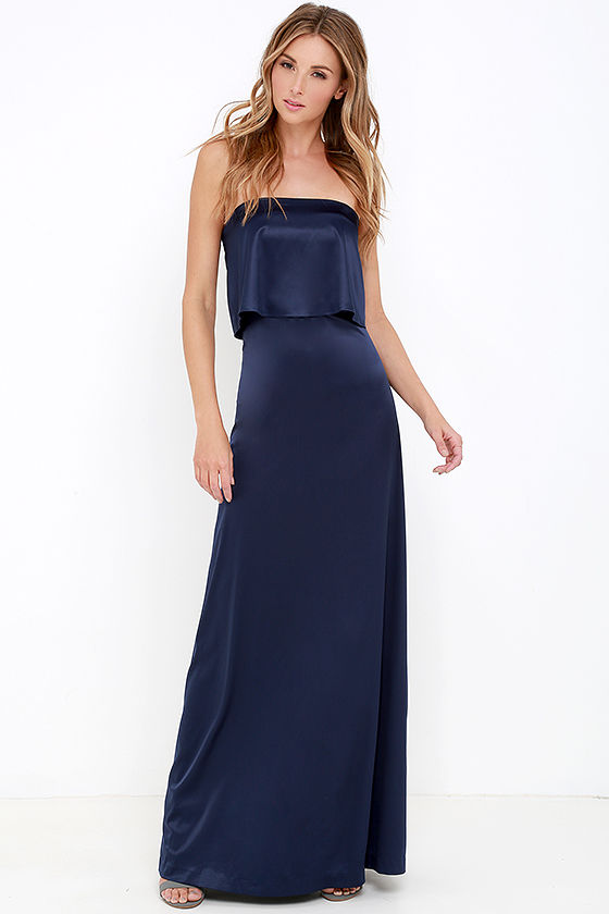 Lovely Navy Blue Maxi Dress - Strapless Maxi Dress - Satin Dress ...