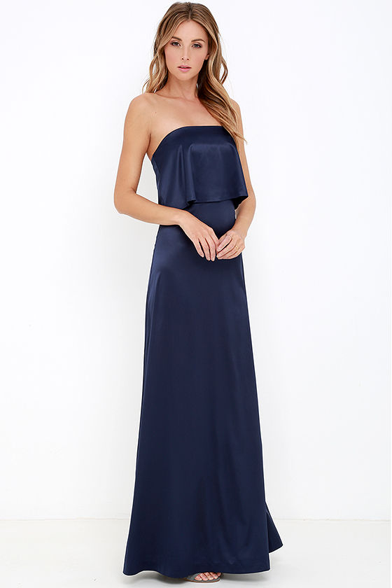 Lovely Navy Blue Maxi Dress - Strapless Maxi Dress - Satin Dress ...