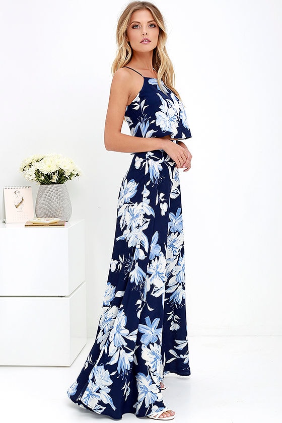 Lovely Blue Floral Print Dress - Two-Piece Dress - Maxi Dress - $89.00