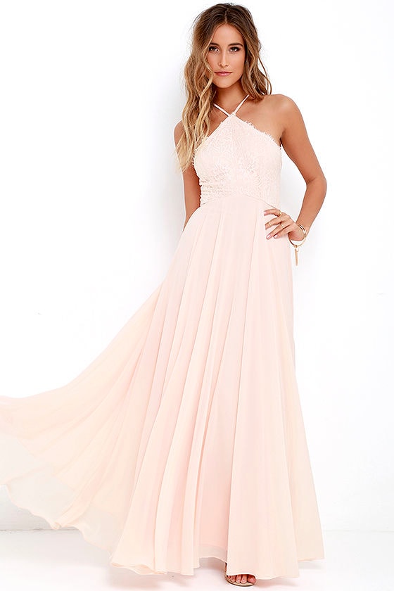 Stunning Light Peach Dress - Maxi Dress - Halter Dress - Lace ...