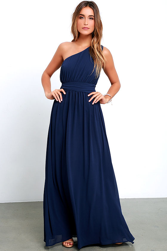 oneshoulder gown  navy blue maxi dress  bridesmaid