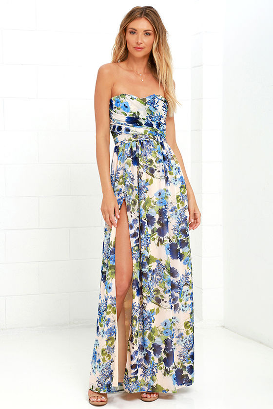 Lovely Floral Print Dress - Blue Floral Print Dress - Maxi Dress ...