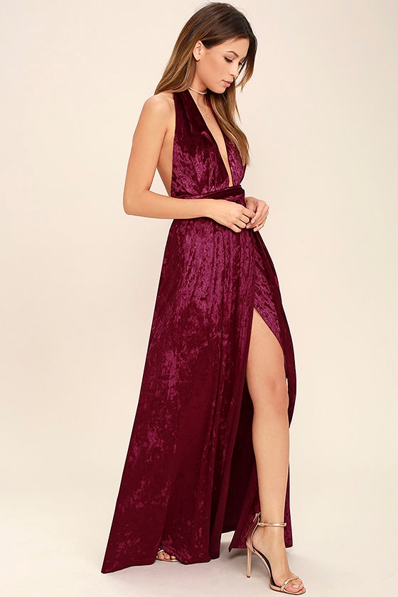Stunning Burgundy Maxi Dress - Velvet Maxi - Wrap Dress - Halter ...