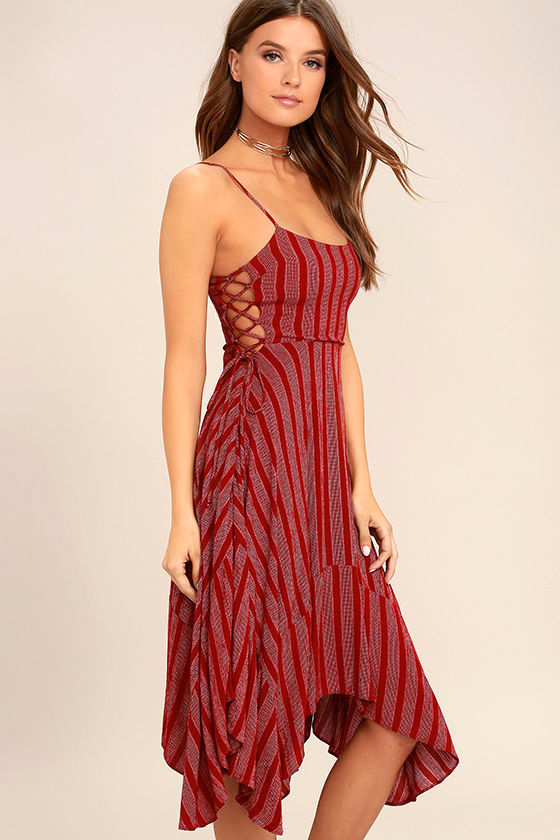 Cute Red Striped Dress - Midi Dress - Lace-Up Dress - Handkerchief ...