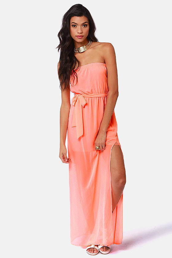 Cute Maxi Dress - Neon Coral Dress - Strapless Dress - $41.00