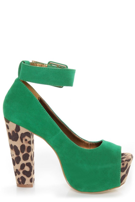 Shoe Republic LA Vicenza Green and Leopard Platform Heels - $48.00